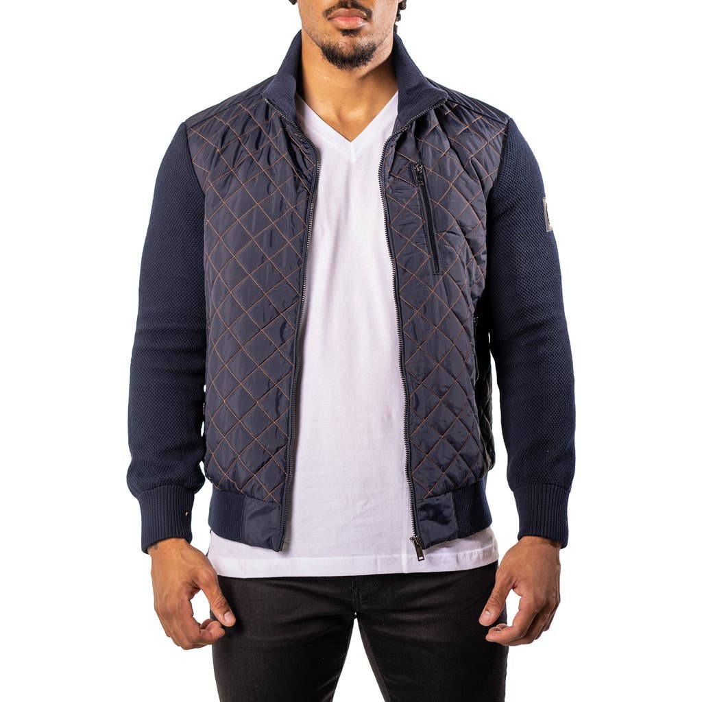 Maceoo Big Diamond Mixed Media Quilted Bomber Jacket In Blue
