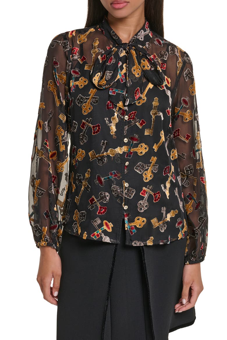 Velvet Burnout Tie Neck Blouse, Main, color, BLACK MULTI