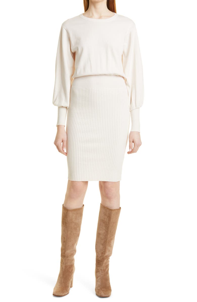 Toccin Ribbed Long Sleeve Cotton & Wool Blend Knit Dress, Main, color, Vanilla