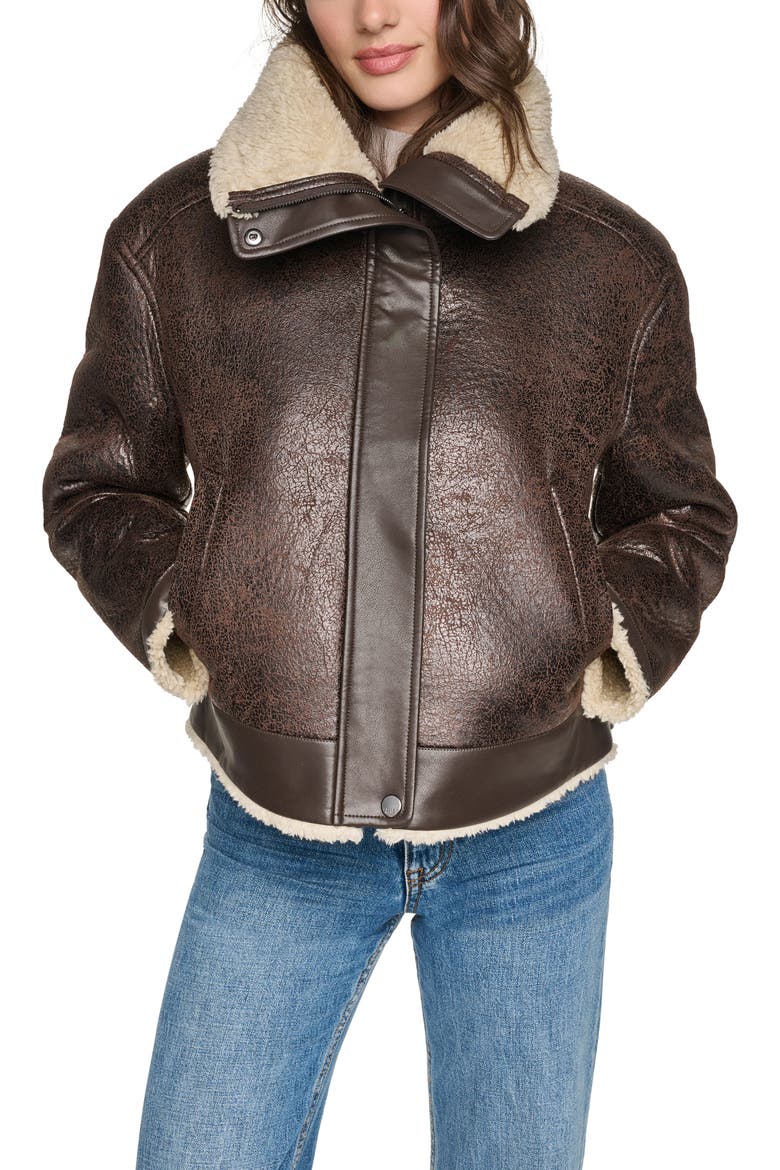 Ellery Faux Leather & Faux Shearling Aviator Jacket, Main, color, BROWN