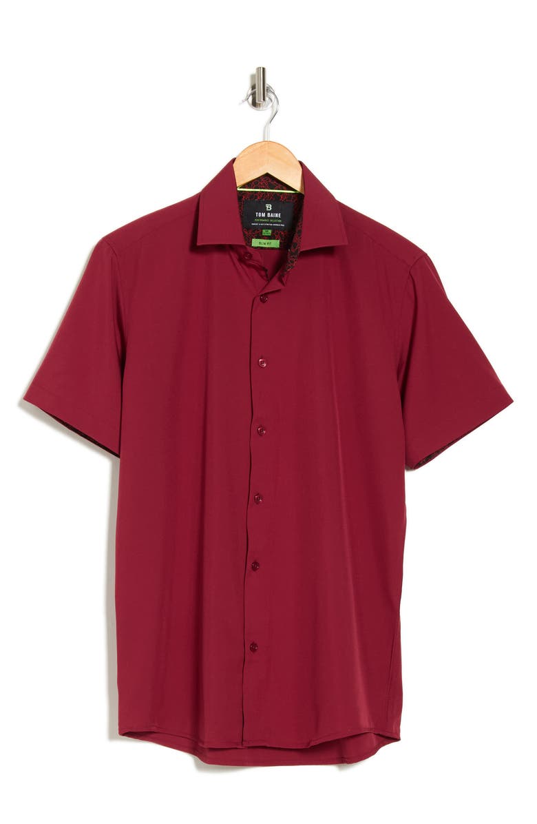 TOM BAINE Slim Fit Performance Stretch Short Sleeve Button-Up Shirt, Alternate, color, Burgundy