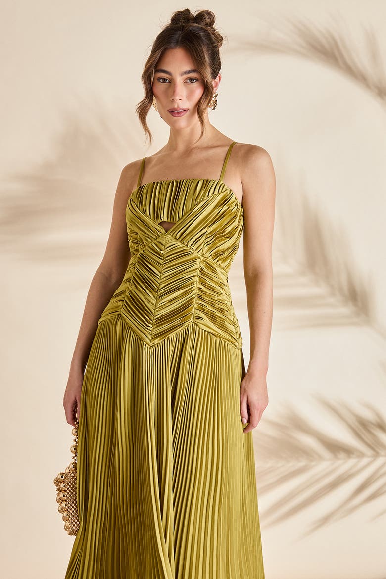 Pleated Peplum Strappy Satin Dress, Alternate, color, Olive