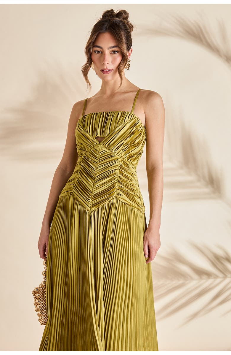 Coast Pleated Peplum Strappy Satin Dress, Alternate, color, Olive