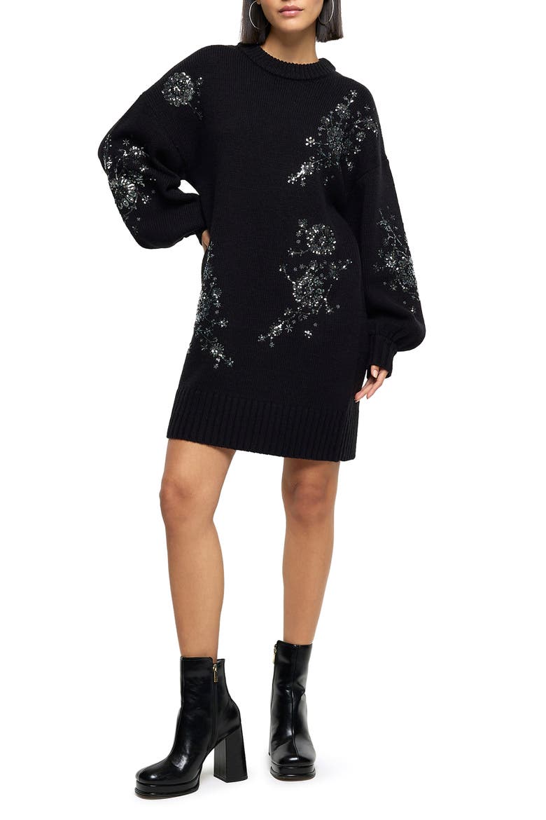 Jessie Crystal Floral Embellished Long Sleeve Sweater Dress, Main, color, BLACK