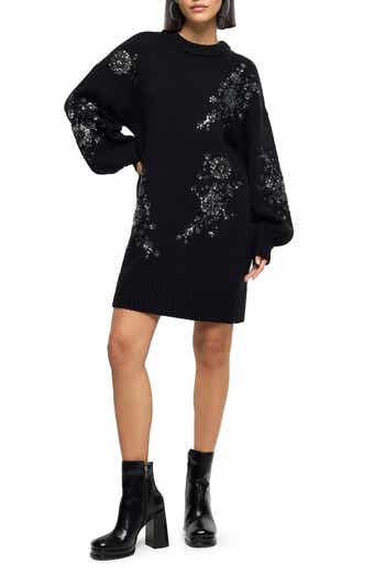 Jessie Crystal Floral Embellished Long Sleeve Sweater Dress