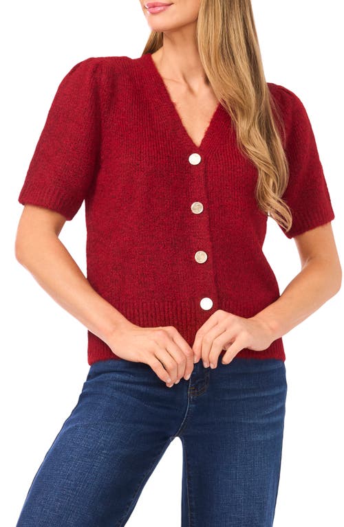 CeCe Hairy Puff Sleeve Cardigan in Burgundy Red 