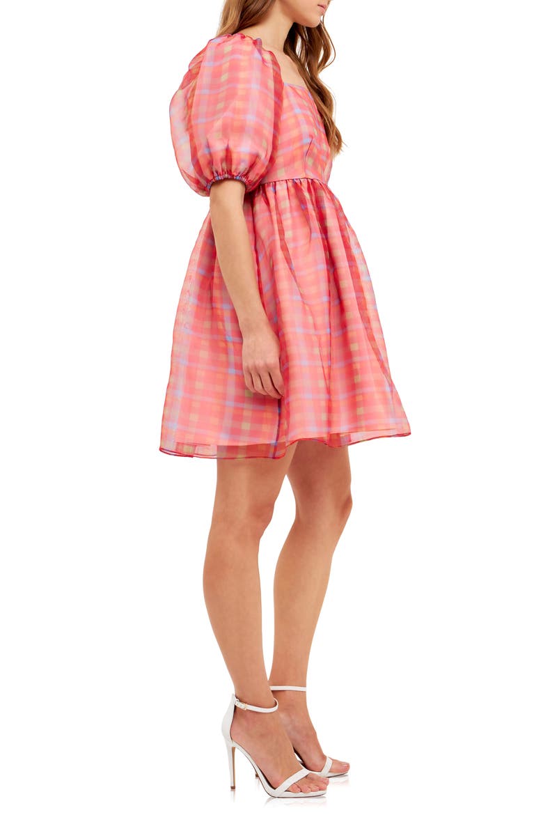 Checker Print Puff Sleeve Babydoll Minidress, Alternate, color, MULTI