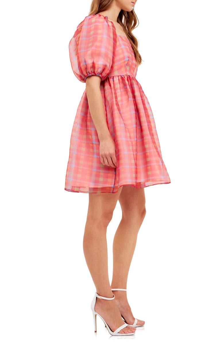 Endless Rose Checker Print Puff Sleeve Babydoll Minidress, Alternate, color, Multi