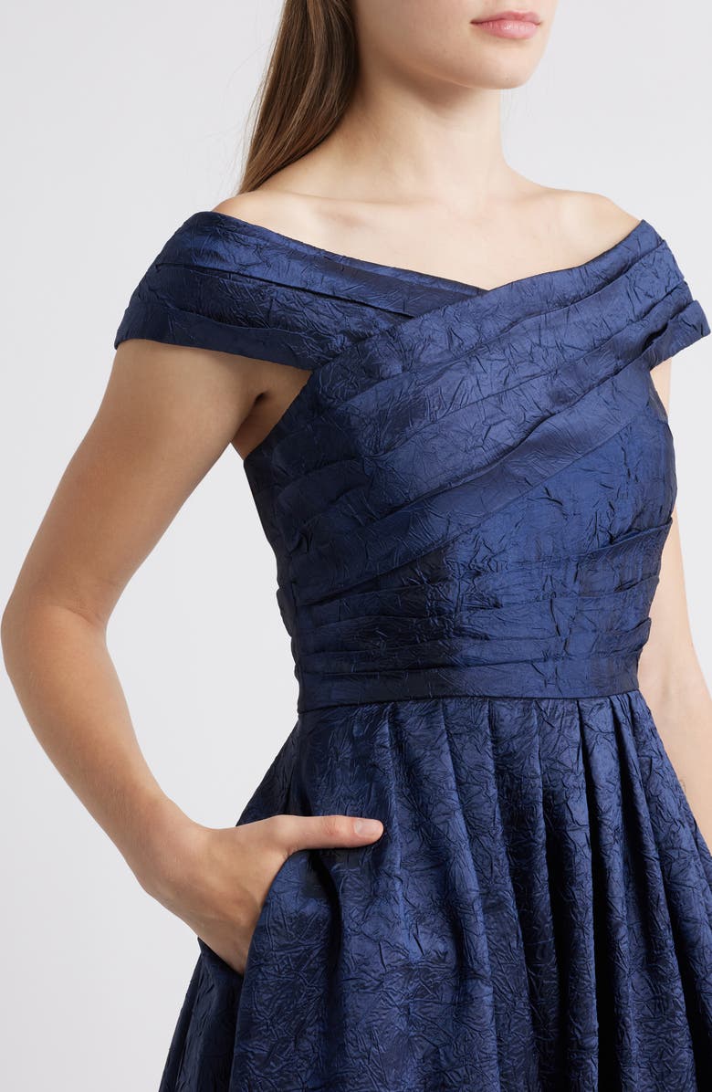 Tahari ASL Crushed Taffeta Off the Shoulder Cocktail Dress, Alternate, color, Navy