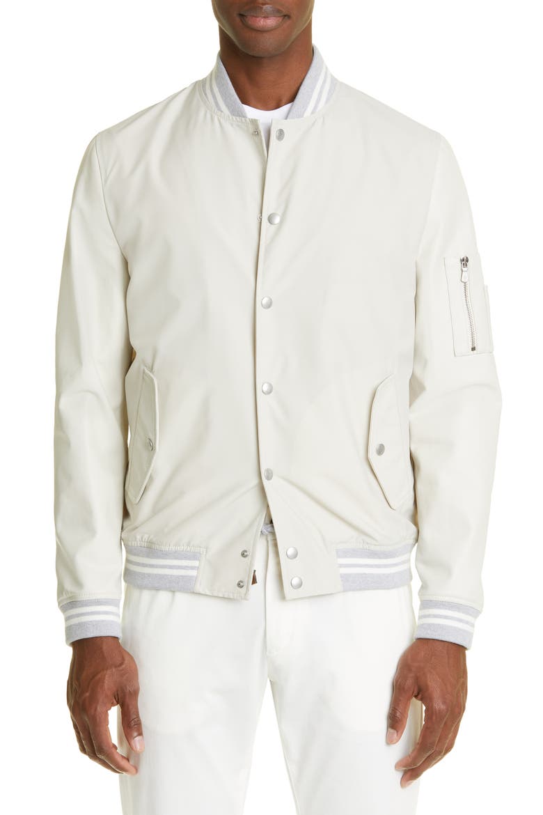 Storm System® Waterproof Mixed Media Bomber Jacket, Main, color, SAND AND IVORY