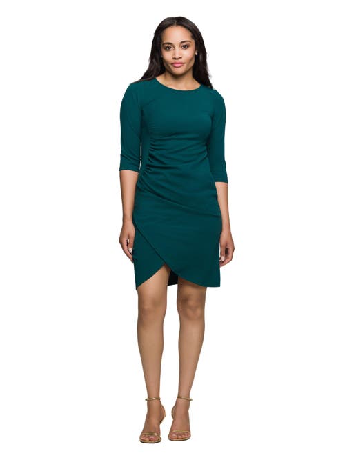 24seven Comfort Apparel Three Quarter Sleeve Ruched Tulip Hem Mini Dress In Green