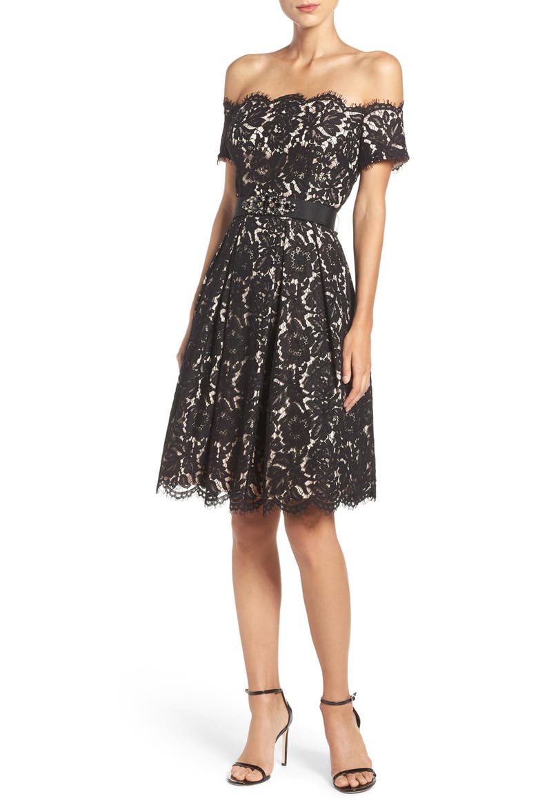 Embellished Lace Fit & Flare Dress, Alternate, color, BLACK/ TAN
