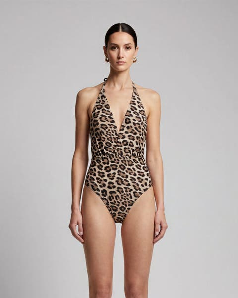 Leopard Brown Womens Halter One-Piece Swimsuit