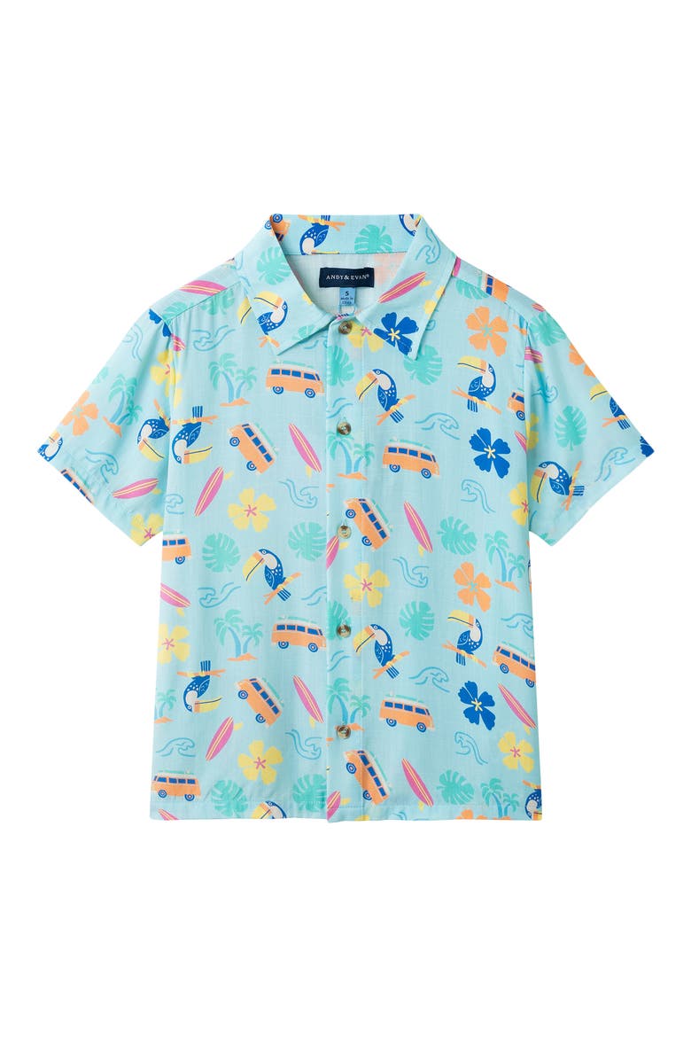 Kids' Short Sleeve Button-Up Shirt & Shorts Set, Alternate, color, AQUA BEACH