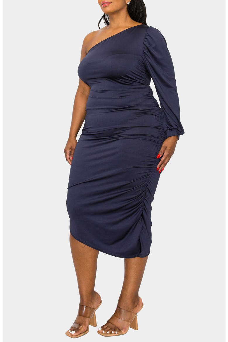Gaia One-Shoulder Asymmetric Body-Con Midi Dress, Alternate, color, NAVY