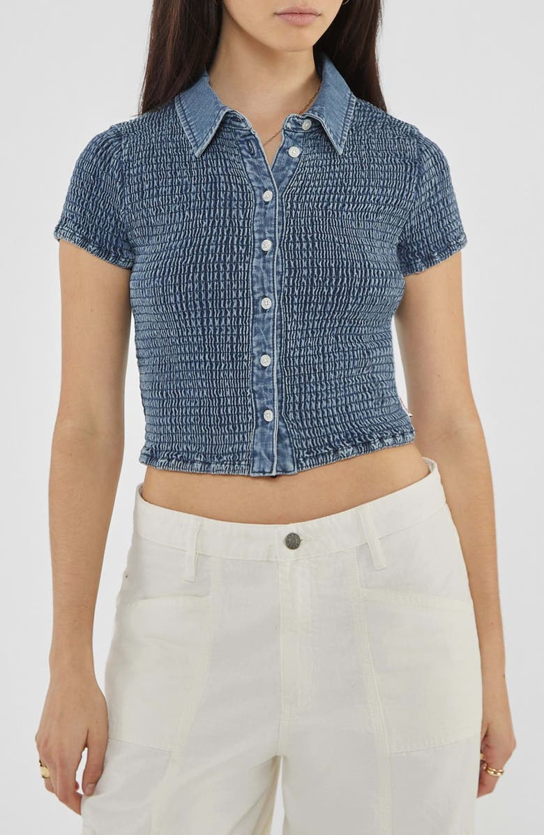 GUESS Smocked Short Sleeve Denim Button-Up Shirt, Main, color, 