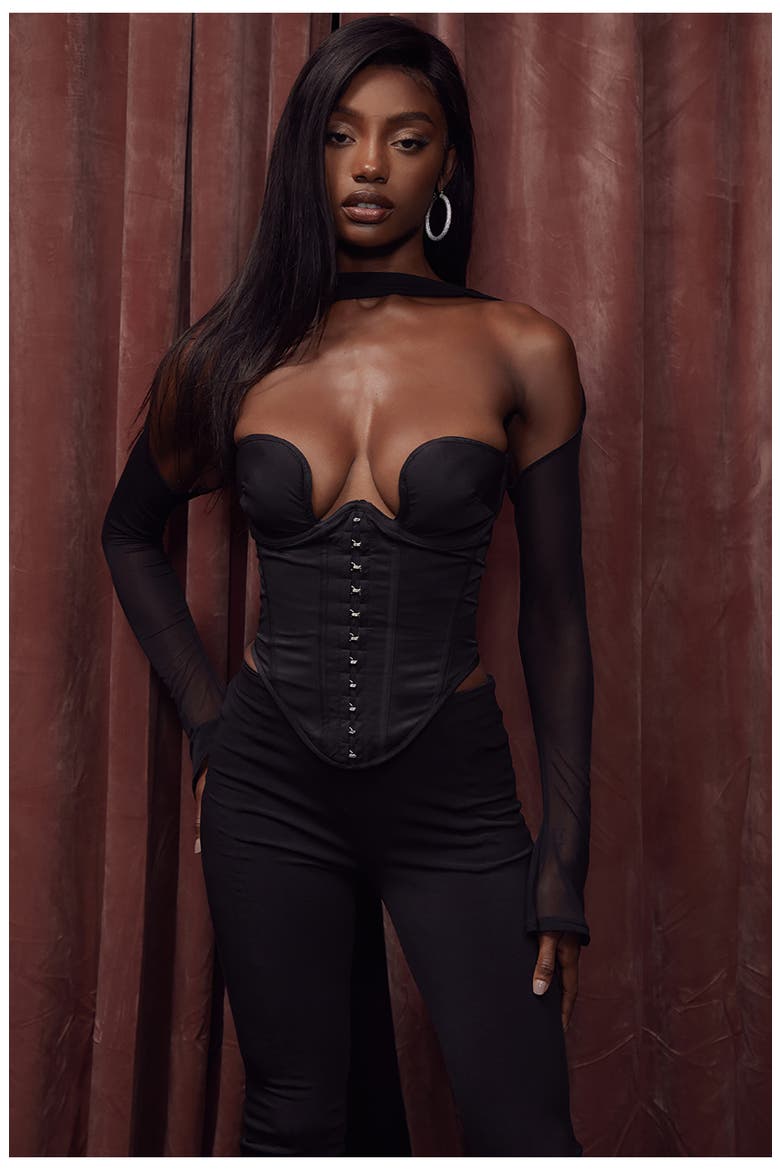 Mina Plunge Long Sleeve Structured Corset Top, Alternate, color, BLACK