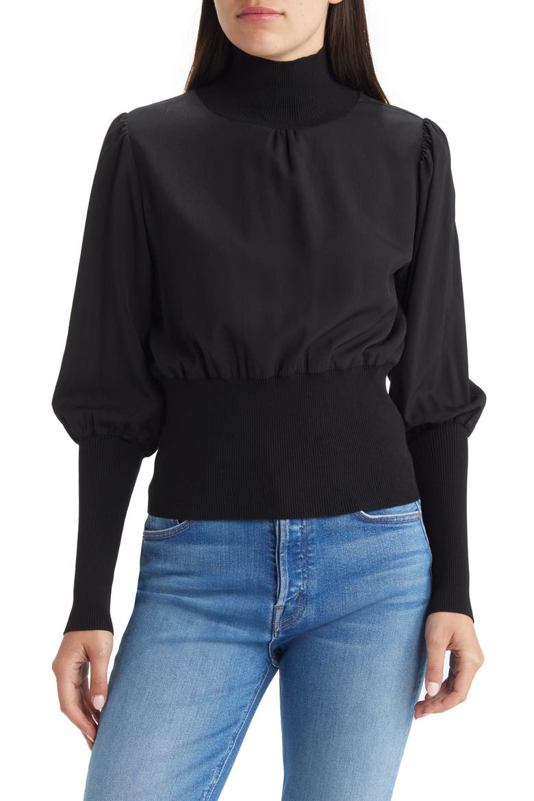 Krista Rib Trim Mixed Media Turtleneck, Main, color, BLACK