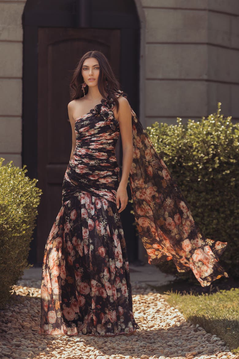 Floral One-Shoulder Ruched Chiffon Gown, Alternate, color, Black Multi