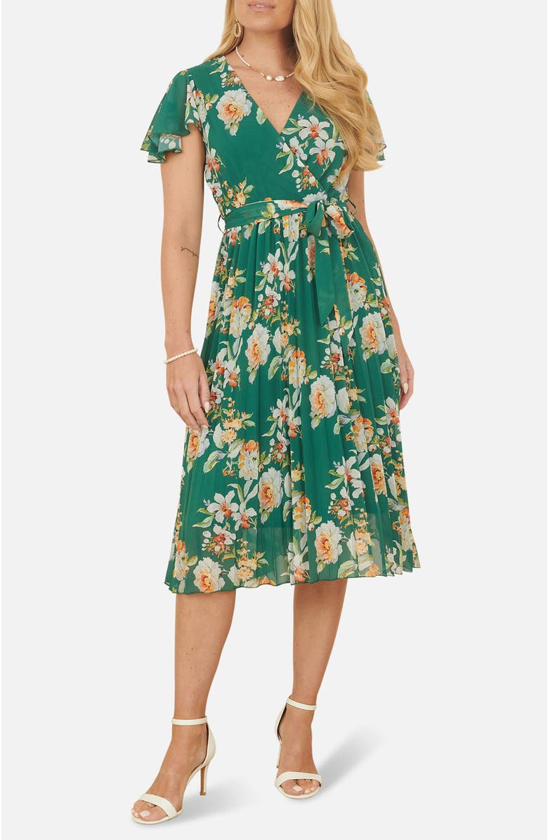 Yumi Pleated Floral Tie-Waist Wrap Midi Dress, Alternate, color, Green
