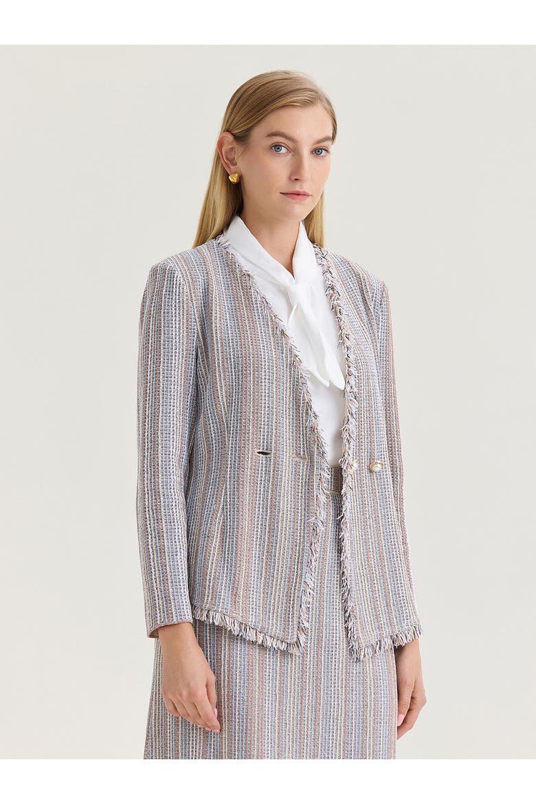 Asymmetrical Fringe Trim Knit Jacket, Alternate, color, Biscotti/Powder Blue