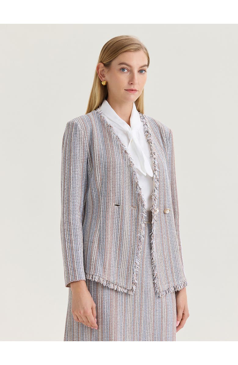 Misook Asymmetrical Fringe Trim Knit Jacket, Alternate, color, Biscotti/Powder Blue