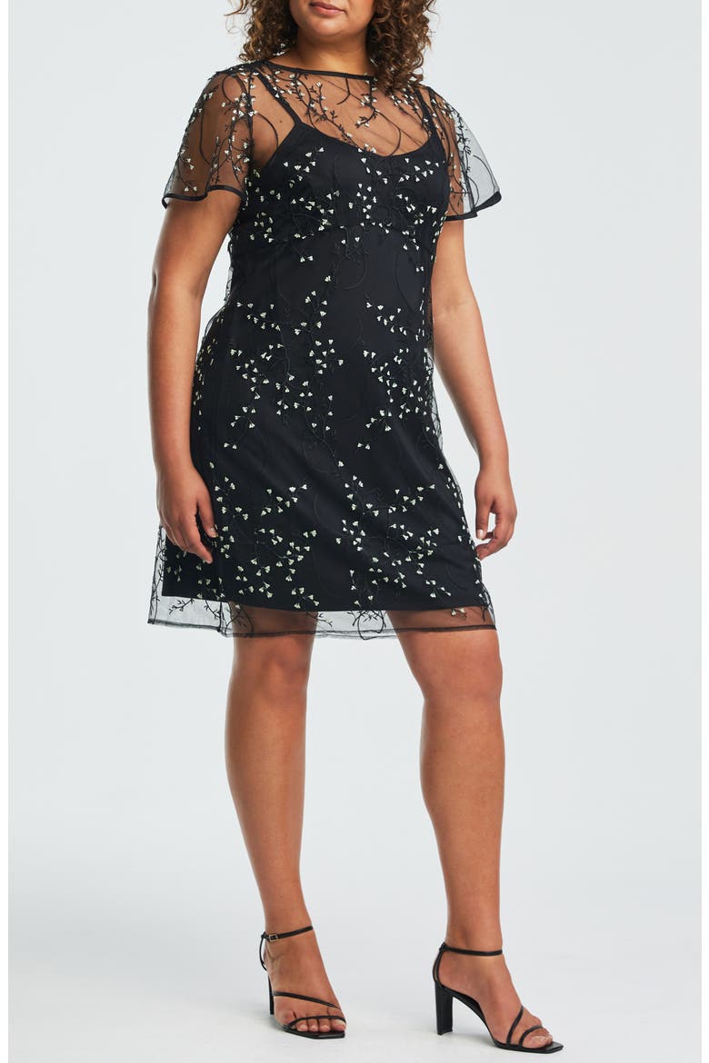 Floral Embroidered Mesh Cocktail Dress, Alternate, color, BLACK