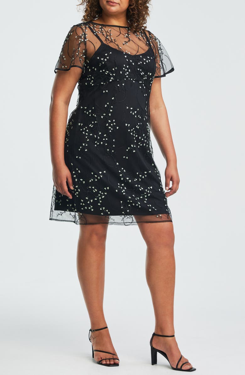 Estelle Floral Embroidered Mesh Cocktail Dress, Alternate, color, Black