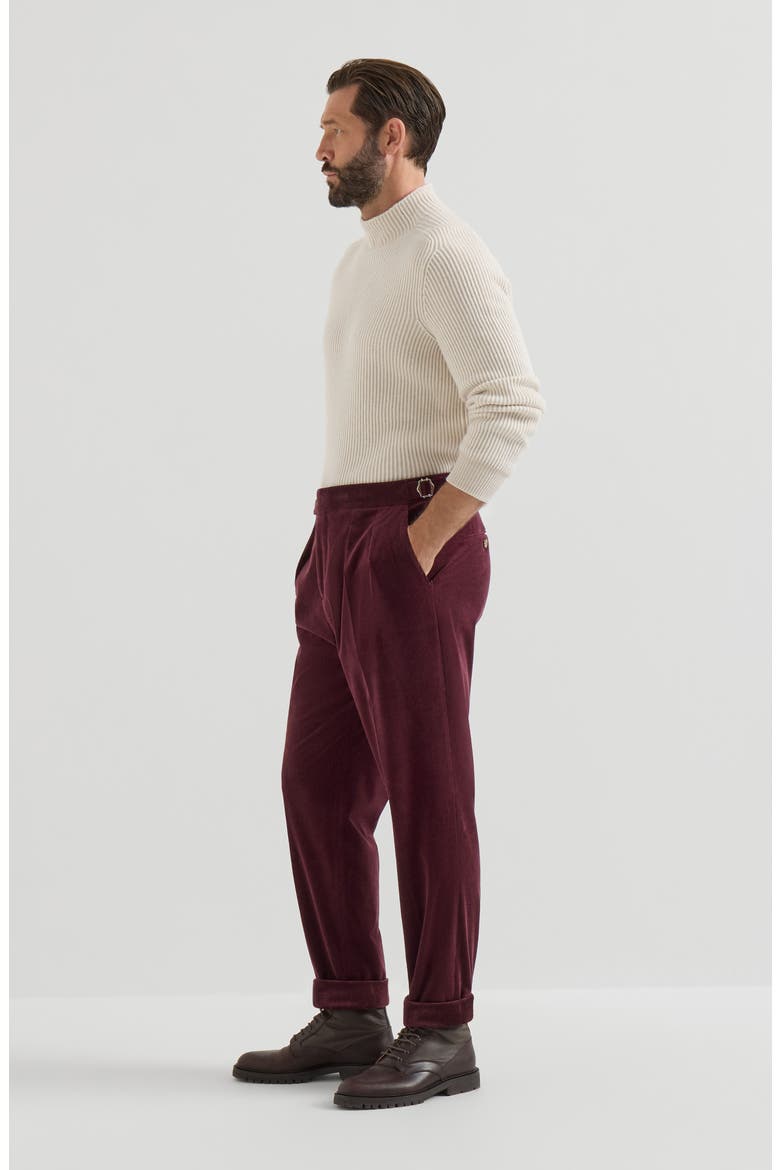 Comfort Cotton And Cashmere Corduroy Trousers With Double Pleats And Waist Tabs, Alternate, color, Burgundy