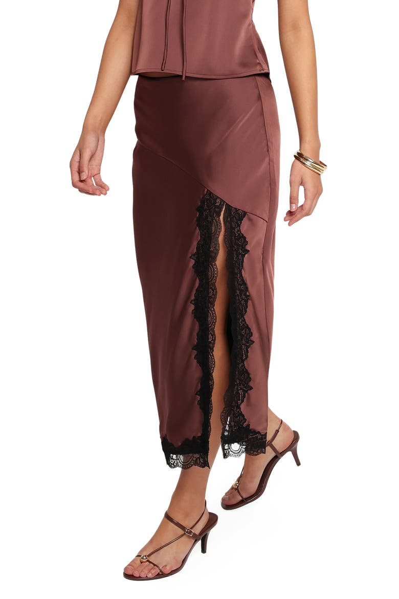 Theoni Lace Trim Slit Midi Skirt, Alternate, color, BROWN