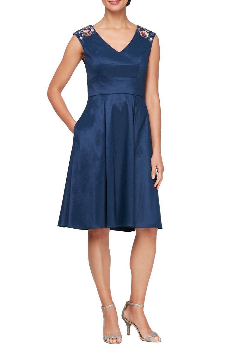 Floral Sequin Shoulder A-Line Dress, Main, color, NAVY