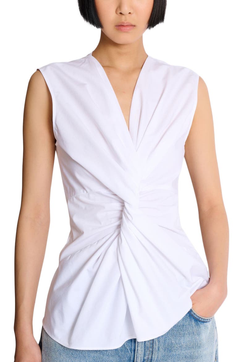 Draped sleeveless cotton poplin shirt, Alternate, color, white