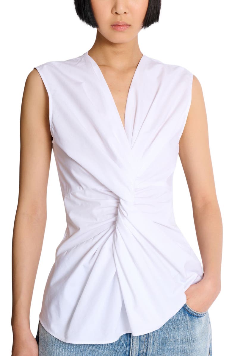 Balmain Draped sleeveless cotton poplin shirt, Alternate, color, White
