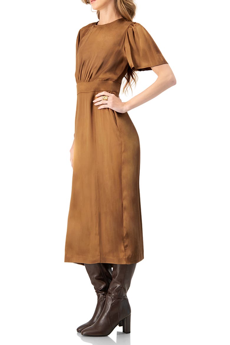 Short Sleeve Satin Midi Dress, Alternate, color, Brown