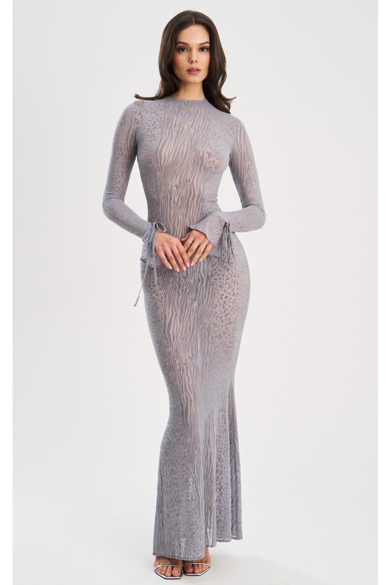Waylynn Gray Animal Print Burnout Velvet Detail Mesh Backless Maxi Dress, Main, color, Grey