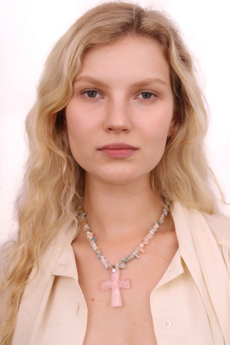 Quartz Cross Pendant Necklace, Alternate, color, Pink