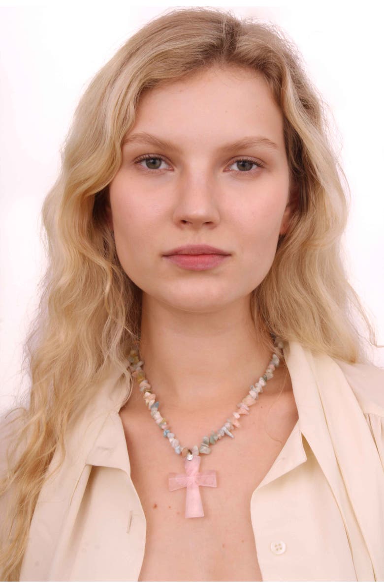 Velvet Luna Quartz Cross Pendant Necklace, Alternate, color, Pink