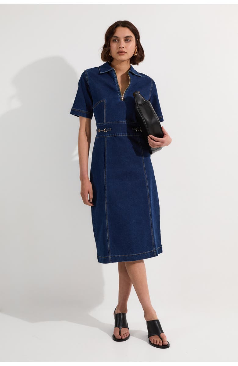 Karen Millen Trim Collared Denim Midi Dress, Main, color, Mid Wash