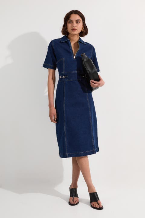 Trim Collared Denim Midi Dress