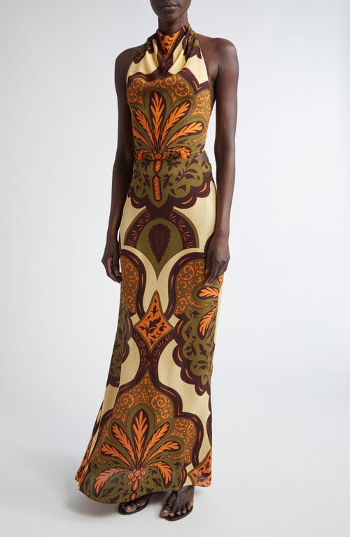 Shop Johanna Ortiz Finding Peace Silk Halter Maxi Dress In Palma Sevillana Ecru/olive