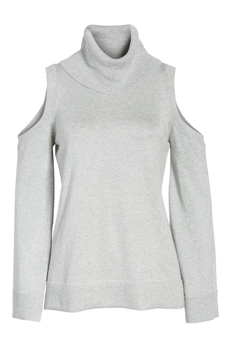 Metallic Cold Shoulder Cowl Neck Sweater, Alternate, color, GREY HEATHER