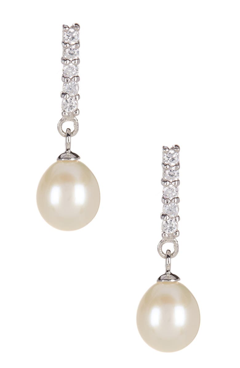 SPLENDID PEARLS Dangling CZ & 8-9mm Pearl Necklace & Earrings Set, Alternate, color, Natural White