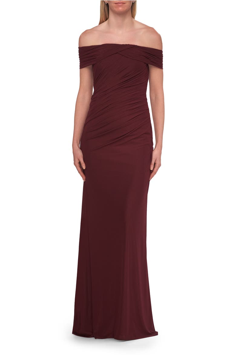 Off-the-Shoulder Ruched Jersey Gown, Main, color, Wine