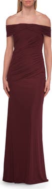 La Femme Off-the-Shoulder Ruched Jersey Gown