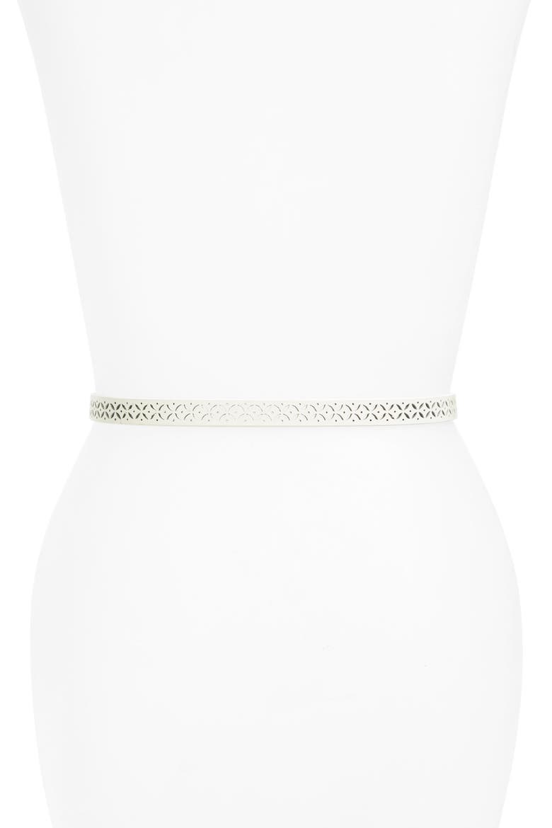 Floral Perforated Skinny Leather Belt, Alternate, color, WHITE SNOW