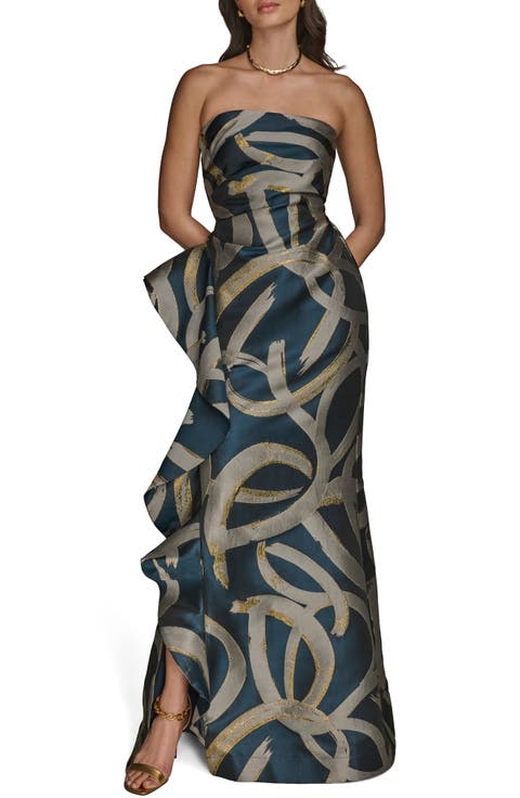 Ruffle Strapless Metallic Jacquard Trumpet Gown