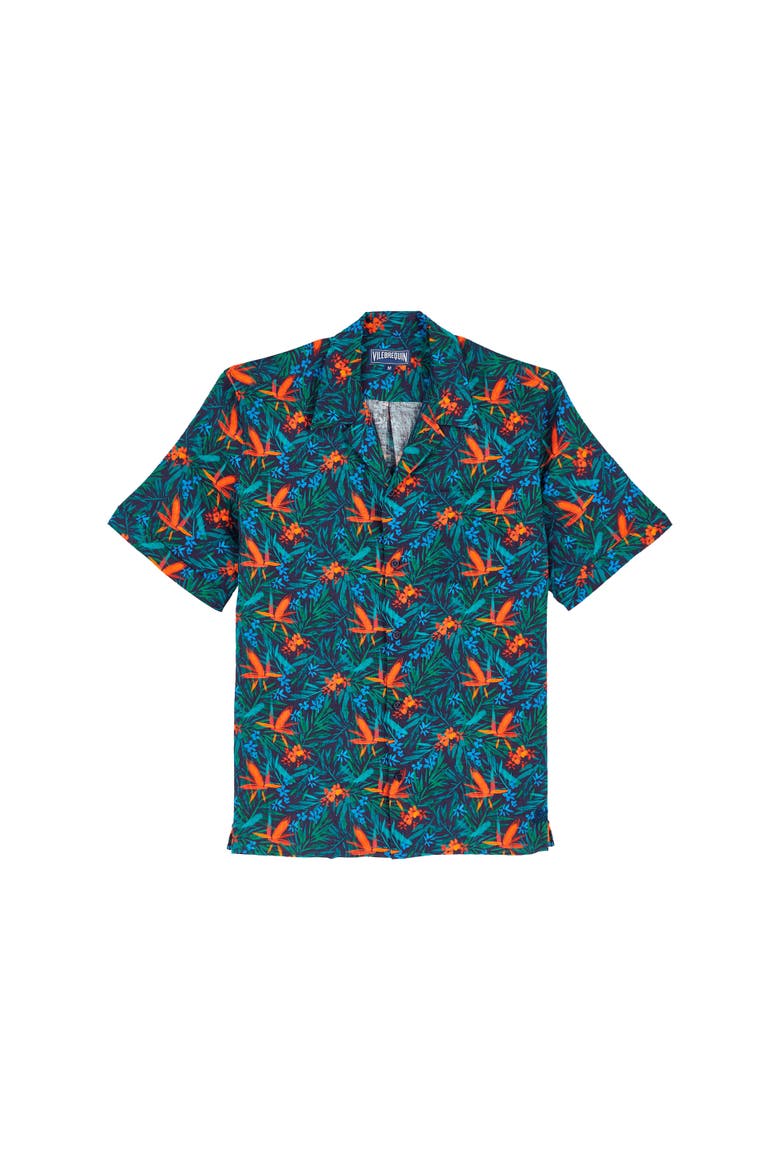 Men's Tropical Flower Printed Linen Shirt, Alternate, color, BLEU MARINE