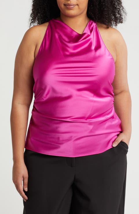 Open Back Ruched Sleeveless Satin Top (Plus)