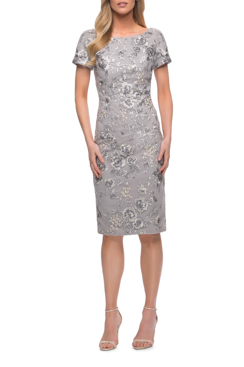 Short Sleeve Below the Knee Dress with High Neckline, Main, color, Silver