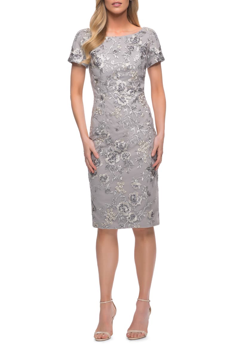 La Femme Short Sleeve Below the Knee Dress with High Neckline, Main, color, Silver